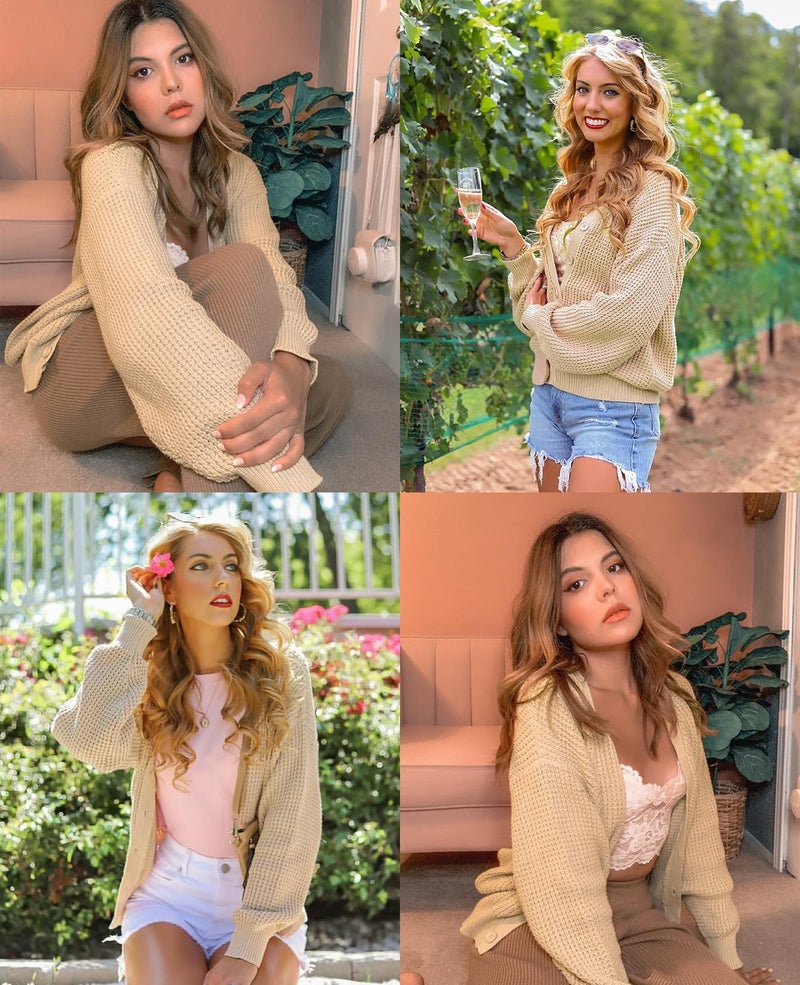 QUALFORT Women's Cardigan Sweaters for Women 100% Cotton Button-Down Long Sleeve Oversized Knit Coatigan Jackets Beige XXX-Large - Image 4